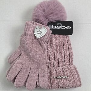 NWT Bebe 2 Pc Lined Pink Pom Pom Beanie and Glove Gift Set